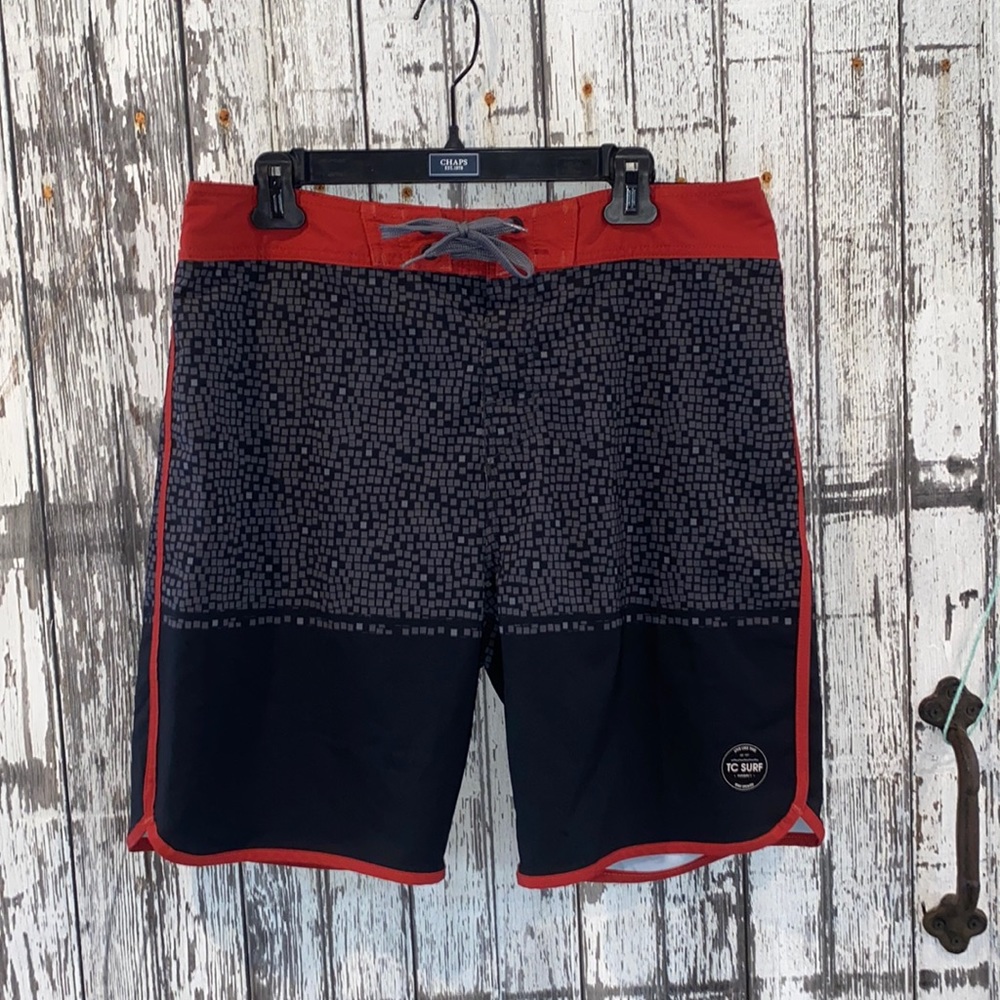 Mens TC surf company red black gray board shorts swimsuit